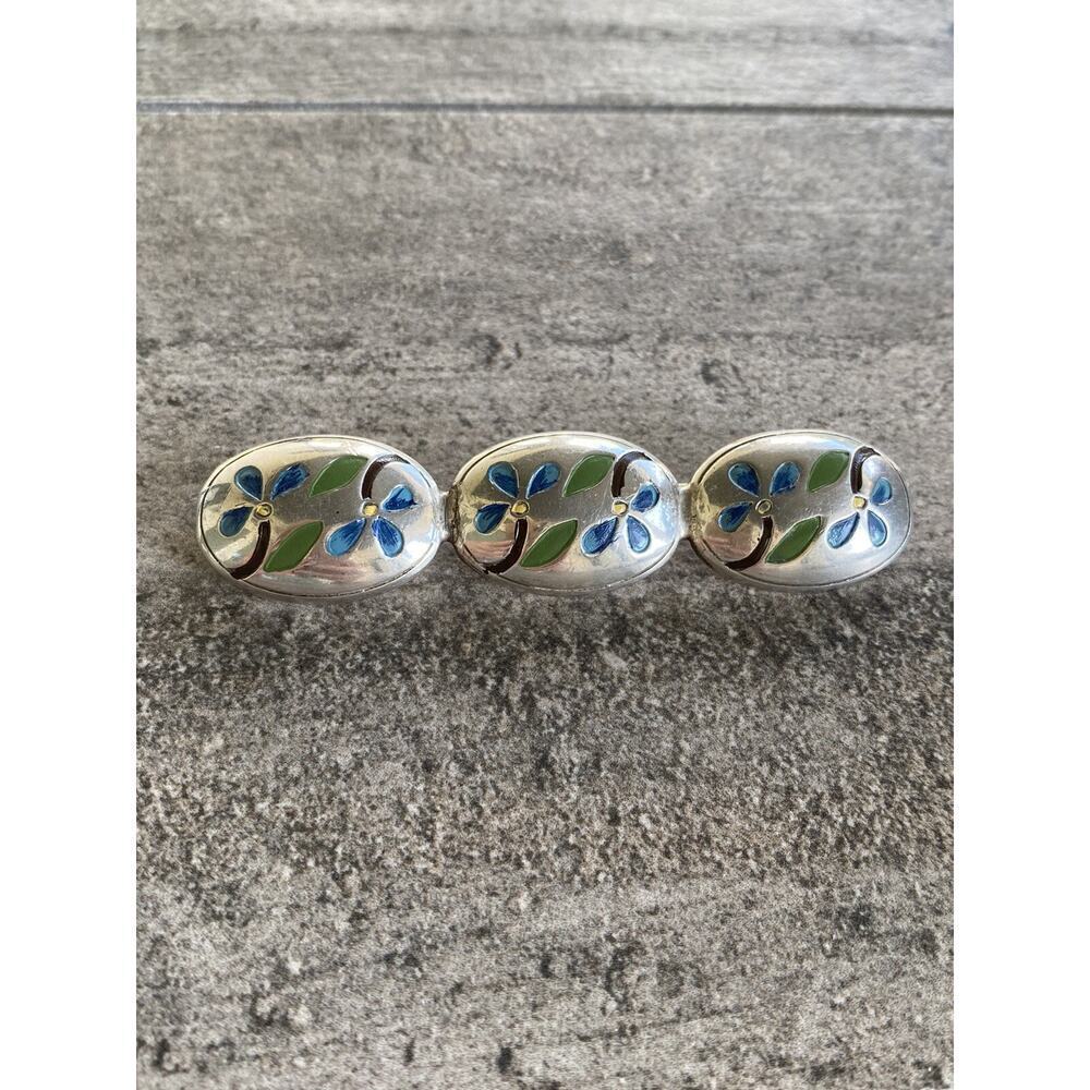 Vintage Silver Brooch Large Enamel Flowers Edged Design 16.03g